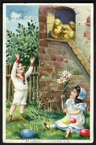 Children On Easter Colorful Eggs Baby Chicks Springtime Tuck Postcard C 1905