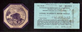 1937 Grand Canyon National Park,  Entrance Permit Sticker & Drivers License