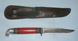 Vintage Western Fixed Blade Knife Red Handle W/ Leather Sheath