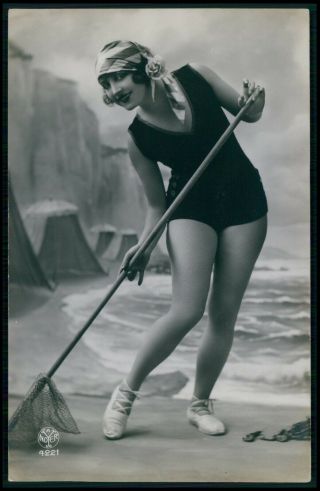 Bathing Beauty Swimsuit Woman Fishing Sexy Old 1920s Photo Postcard Aa