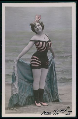 Edwardian Bathing Beauty Swimsuit Sexy Woman Old 1910s Photo Postcard A