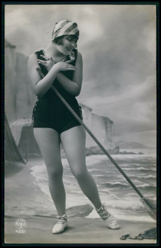 Bathing Beauty Swimsuit Woman Fishing Sexy Old 1920s Photo Postcard Bb
