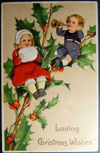 Postcard Loving Christmas Wishes Children In Holly Branch Snow Pfb