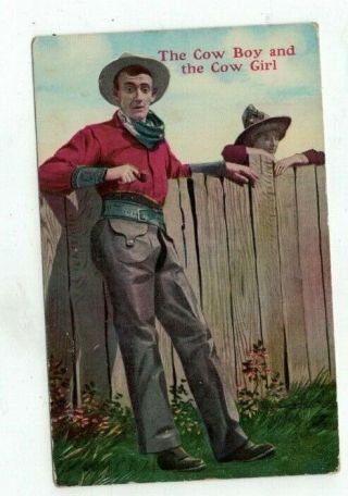 Antique Cowboy Western Post Card 1909 " The Cow Boy & The Cow Girl "