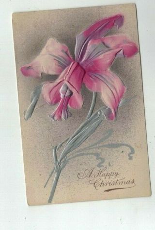 Antique 1910 Embossed Christmas Post Card Gorgeous Pink Orchid Silver Foil