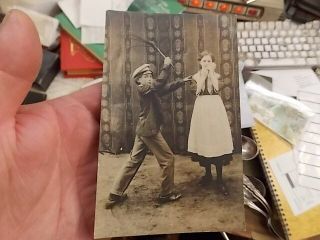 Vint Real Photo Postcard,  Masochistic Boy Threatens Girl With A Whip