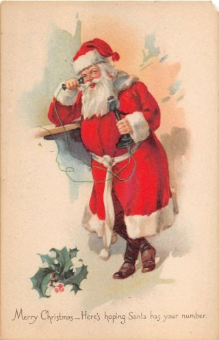 C.  1920? Red Robed Santa Talking On Telephone Merry Christmas Post Card