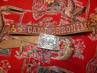 Rare Vtg Bsa Boy Scout Of American Camp Geronimo Belt & Buckle Sz 32