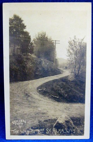 Ca 1908 Rppc Winding Dirt Road Showing The Way To 2nd Street Alma Wisconsin Wi