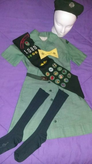 Vintage 1970s Girl Scout Uniform - Complete - Dress/beret/tie/belt/socks/sash/badges