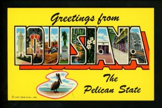 Large Letter Chrome Vintage Postcard Lousiana La,  Pelican State Curt Teich