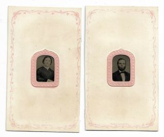 Tintype Photographs Husband Wife W/ Pink Embossed Shield Star Frames