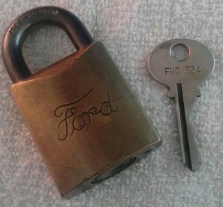 Vintage Ford Motor Co.  Numbered Brass Padlock With Key Old Script Logo