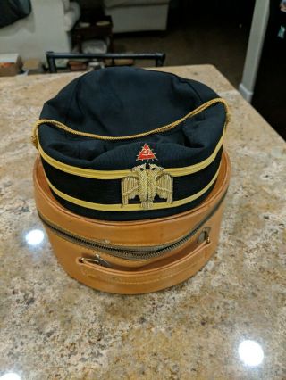 Vintage Masonic / Scottish Rite 32nd Degree Hat In Leather Carry Case - Size 7 1/4