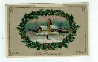 Antique Schwerdtfeger Gel Christmas Post Card Church Sunset Wreath Of Holly