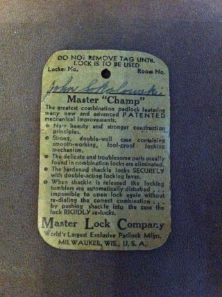 Vintage Master Lock Co.  Champ Combination Padlock Tag - Older - Very Rare