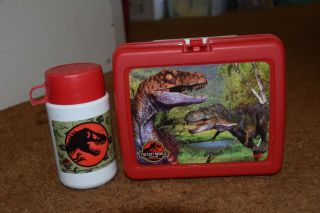 Vintage Jurassic Park The Lost World Red Plastic Lunch Box With Thermos