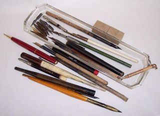 Vintage Crystal Pen Tray With Dip Pens,  Pencils & Nibs Estate Find