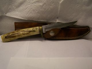 Vintage Stag Handle Fixed Blade Knife Leather Sheath Fish On Handle