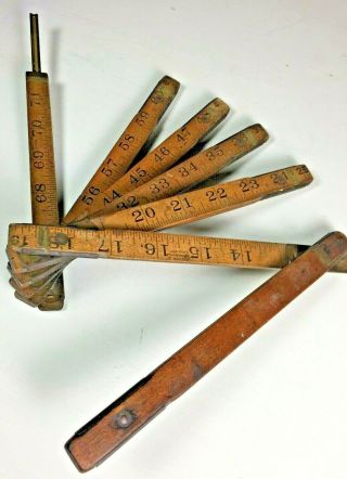 Vintage Wood & Brass Extension Rule Folding Measuring Stick Ruler Made In Usa
