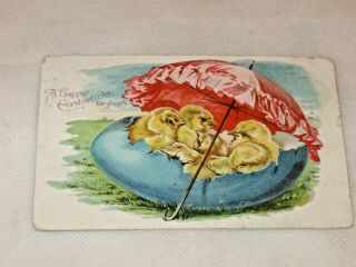 Vtg.  Easter Postcard Pink Umbrella Over Blue Egg W/baby Chicks Inside Early 1900