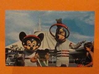 Vintage Walt Disney World Magic Kingdom Postcard Mickey Mouse Goofy Space Suits
