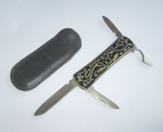 Vintage Russian Pocket Folding Knife With Ornate Brass Handle & Leather Case