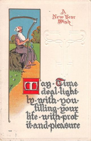 Father Time With Scythe & Hourglass On Old Art Deco Year Postcard - No.  7005
