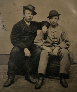 Antique American Two Brothers School Boys Lads Seated Hats Boots Tintype Photo
