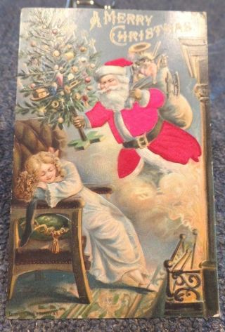 1906 Victorian Embossed Silk Santa Claus Christmas Postcard Tree Presents Child