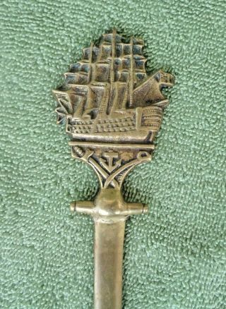 Older Brass Letter Opener - 3 Masted Sailing Ship W/ Anchor & Swords At Bottom
