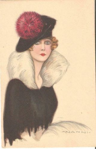 Cmi4004 Postcard Artist Signed Nanni Art Deco Young Woman Fut Fancy Hat Fashion
