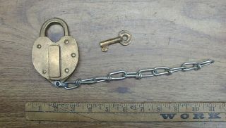 Antique J.  H.  W.  Climax Bronze? Brass? Heart Shaped Padlock & Key,  W/hidden Key Way