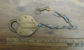 Antique J.  H.  W.  Climax Bronze? Brass? Heart Shaped Padlock & Key,  W/Hidden Key Way 4