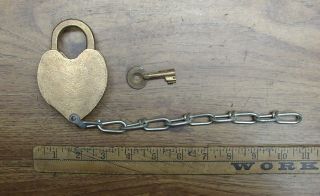 Antique J.  H.  W.  Climax Bronze? Brass? Heart Shaped Padlock & Key,  W/Hidden Key Way 5
