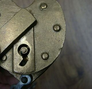 Antique J.  H.  W.  Climax Bronze? Brass? Heart Shaped Padlock & Key,  W/Hidden Key Way 6
