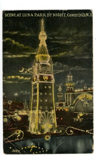 Coney Island Brooklyn Nyc Ny - Luna Park Tower At Night - Postcard