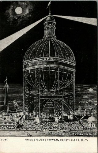 Coney Island Ny Friede Globe Tower Night Lights Rides Artist Conception 1910 B&w