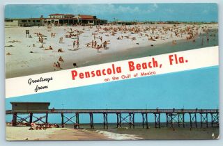 Postcard Fl Banner Dual View Greetings From Pensacola Beach Vintage O11