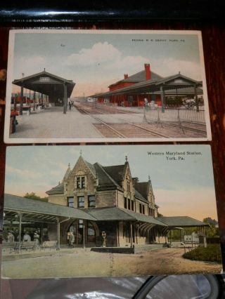 York Pa - 2 Rare Old Postcards - Western Maryland Station - Penna.  R.  R.  Depot