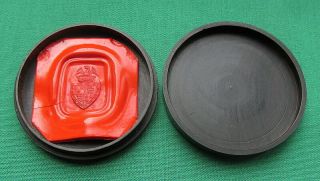 Antique Intaglio Wax Seal Impression/coat Of Arms/round Wooden Box/griffin/crown