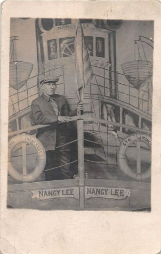 1928 Rppc Young Man On Steamer Nancy Lee Life Saving Rings Studio Props