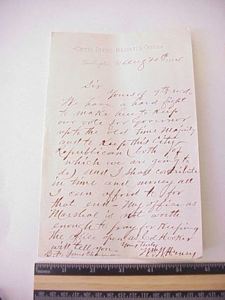 James Blaine 1884 Letter Civil War Medal Of Honor Holder & U.  S.  Marshal Vermont