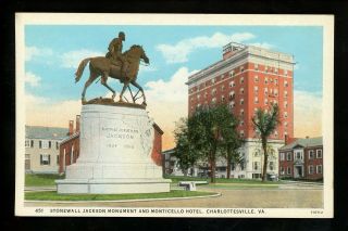 Virginia Va Postcard Charlottesville,  Monticello Hotel Stonewall Jackson Teich