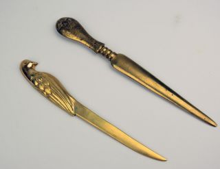 2 Vintage Brass Letter Openers Parrot And Etched Heavy Brass Opener