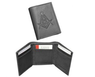 Black Compass And Square Masonic Leather Tri - Fold Wallet Freemasons Symbol Logo