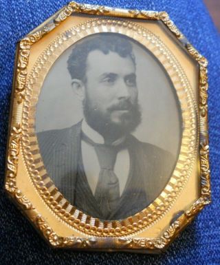 Antique Tintype Photo Of Man In Hexagon Brass Frame