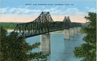 Vicksburg Mississippi Ms " Bridge Over Mississippi River " Linen Postcard