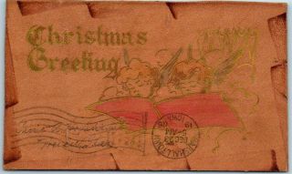 Vintage Leather Postcard " Christmas Greetings " Angels W/ 1906 Idaho Cancel