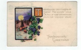 Antique Embossed Whitney Thanksgiving Post Card Full Moon Pumpkins Wheat Fruit